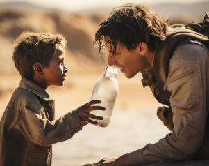 kind toont lege fles water aan soldaat